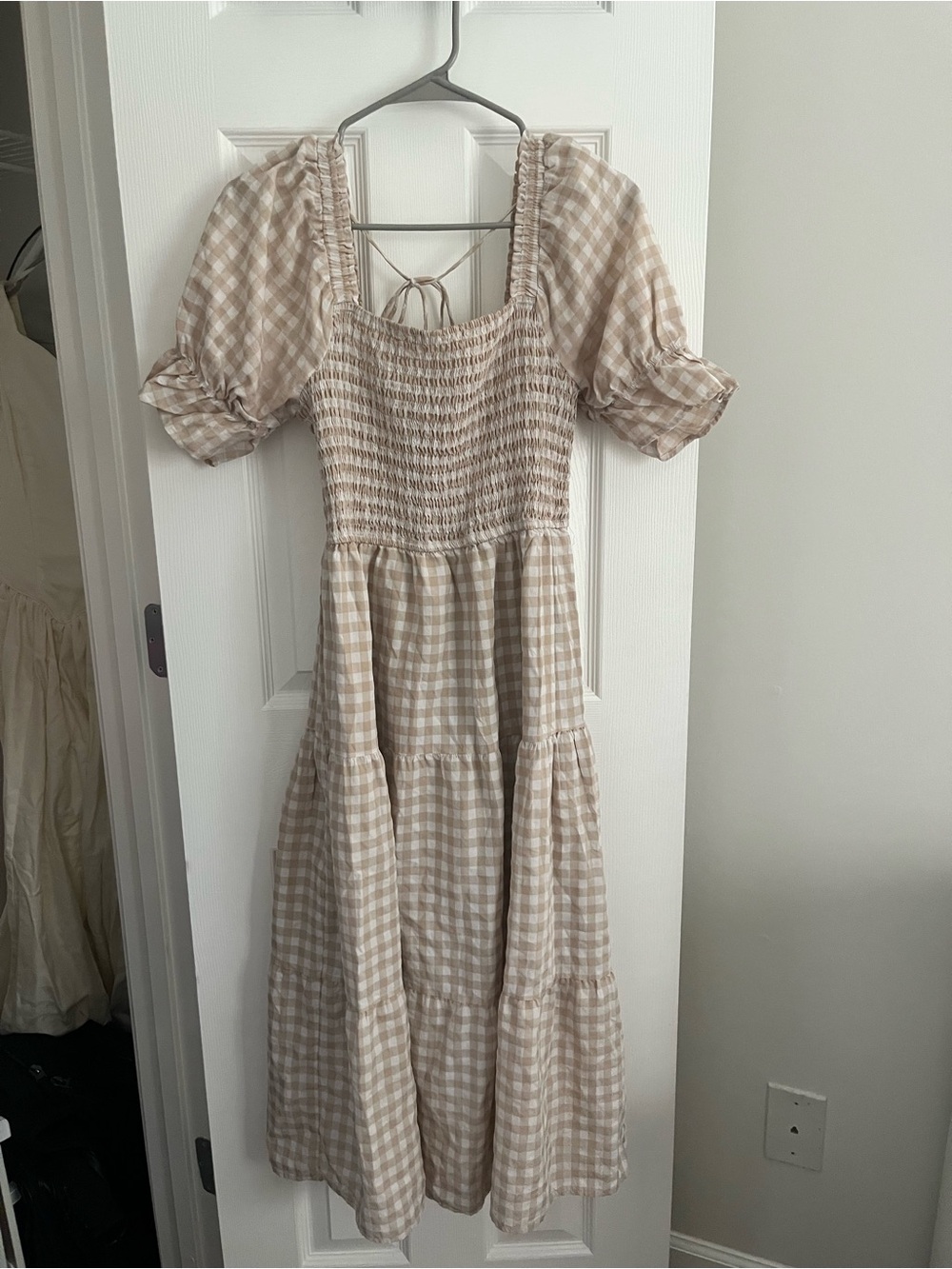 Beige Gingham Smocked Midi Dress